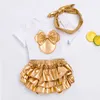 Baby Girl Clothes 3pcs Clothing Sets White Black Cotton Rompers Golden Ruffle Bloomers Shorts Shoes Headband Newborn Clothes