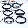 Vintage Punk Armband 6PCS MultiLayer Äkta Läder Svart Briared Charm Mode Smycken Armband Legering Pärlor Wrap Bangles För Kvinnor Män