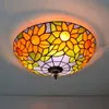 Medelhavet Tiffany Barock Stil Taklampa Stained Glass Pastoral Round Art LED-lampa för vardagsrum Sovrum Aisle taklampa