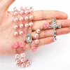4 Colors Pink Rose Rosary Madonna Jesus Cross Necklace Pendants Pearl designer necklace Fashion Jewelry