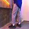 Fashion-2018 Корейский осенний мужской моды прилив плед шаблон прямой ноги лодыжки брюки упругая талия свободные случайные брюки M-XL
