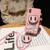 아이폰 X XS 최대 XR에 대 한 라운드 돼지 전화 케이스 IPhone8 6s에 대 한 귀여운 3D 만화 커버 매는 밧줄 돼지 코 브래킷