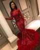 Red Mermaid African Prom Klänningar 2020 Ny fjäder långärmad golvlängd Sequined High Neck Formal Afton Dress Party Gowns