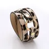 Pulseira de couro PU com joias da moda S814 multicamadas enrolada em crina de leopardo pulseira PU