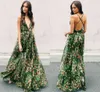 2019 billig bohemia blommig tryckt prom klänningar lång djupt v-hals criss cross backless party klänning formell klänning kväll klänningar strand