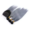 1B graue Ombre-Haarbündel mit Verschluss, schwarze bis graue Ombre-Haarbündel mit Spitzenverschluss, zweifarbige Ombre-Grau-Haarwebart