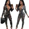Women's Jumpsuits & Rompers Fashion Digital Print Jumpsuit Long Sleeve Deep V-Neck Sexy Skinny Bodysuit Plus Size Overalls Ropa