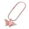 Iced Out Pink Animal Butterfly Halsband Hängsmycke med Tennis Chain Pink Cubic Zircon Mäns Kvinnor Hip Hop Smycken