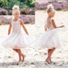 Vestidos Hot Sale curtas tule casamento de praia Flor Meninas com Lace Applique Sheer Voltar Comunhão Partido Princesa Vestidos de aniversário