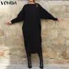 Vonda Kadınlar Sonbahar Uzun Elbise Moda Yuvarlak Boyun Uzun Kollu Gömlek Elbise 5XL Vestidos Artı Boyutu Robe Femme Bayan Tunikleri