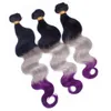 Black Roots Grau und Lila Ombre Virgin Indian Human Hair Weave Tressen Körperwelle #1B/Grau/Lila 3Tone Ombre Echthaar Bundles Angebote