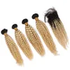 Maleisische Kinky Krullend Ombre Menselijk Hair Extensions met Sluiting # 1b 613 Ombre Blonde Krullend Maagd Haar Weeft 4 Bundels met Kantsluiting 4x4