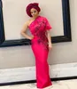 One Shoulder Mermaid Evening Dresses African Formal Wear Lace Appliques Satin Long Prom Dress Black Girls Plus Size Party Gowns Hot Pink