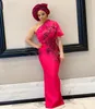 Jedno ramię Syrenka Suknie Wieczorowe Afryki Formalne Nosić Koronki Aplikacje Satin Długa Prom Dress Black Girls Plus Size Party Suknie Hot Pink