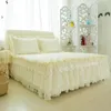 Katoenen kant meisjes prinses beddengoed sets blauw roze beige paarse bed rok set bed spreiding koning / queen / volledige dubbele maat kussenslopen