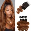 # 1b / 30 Medium Auburn Ombre Body Wave Braziliaanse Haarbundels met Sluiting Licht Bruin Ombre Menselijk Haar Weeft 3bundles met Kantsluiting 4x4