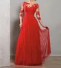 Classic A-Line Red Modest Chiffon Beach Bridesmaid Evening Dresses With 3/4 Sleeves Long Floor Formal Appliques Prom Guests Dresses DH000