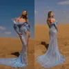 Light Blue Mermaid Suknie Wieczorowe Zroszony Koronki Cekinowy Z Długim Rękawem Prom Dress High Side Split Sexy Formalne Party Suknie