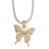 Iced Out Animal Pink Cubic Zirkoon Butterfly Hanger Ketting met Tennis Chain Gold Silver Rosegold Hiphop Rock Sieraden