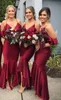 Винтажные бордовые спагетти-русалка подружки невесты от плеча Hi-Lo Формальное вечернее платье с длинными миадами почетных платьев