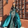 Sparkly Emerald Lace Mermaid Prom Dresses With Detachable Train Jewel Neck Sequined Formal Dress Plus Size Satin Long Sleeves Evening Gowns