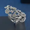 [DDisplay]Luxury Classy Jewelry Retro Sliver Fine Ring High-end Posh Leaves Hollow Zircon Rings for Lady Size 6-9