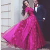 Latest 2019 Arabic Prom Dresses Fuchsia Jewel Neck Short Sleeves 3D-Floral Appliques Puffy A Line Lace and Tulle Arabic Evening Dresses UK