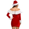 Red Christmas Costume Santa Sweetie Adult Women Velvet Off-shoulder Long Sleeve Bodycon Mini Dress With White Furzzy Trim (Without Hat)
