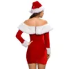 Costume di Natale rosso Babbo Natale dolcezza mini abito aderente a maniche lunghe in velluto con spalle scoperte per donne adulte con finiture pelose bianche (senza cappello)