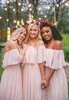 2019 Chiffon Long Bridesmaid Dresses Elegant Pink Off The Shoulder Beach Bohemian Maid of Honor Wedding Party Plus Size Prom Gown BA5035