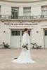 2019 Stretch-Crêpe-Meerjungfrau-Brautkleid mit langen Ärmeln und V-Ausschnitt, schlichte, elegante Boho-Brautkleider nach Maß