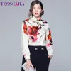Tesscara Kadınlar Bahar Zarif Çiçek Baskı Bluz Gömlek Kadın Moda Yay Tasarımcı Ofis Parti Chemise Üst Bayan Tops Bluzlar