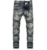 Mens Classic Biker Jeans Mannelijke Slanke Rechte Knie Drape Panel Moto Biker Jeans Vernietigde Ripped Stretch Hip Hop Broeken