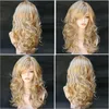 Mehrfarbige mittellange Haar-Styling-Perücke, volle Spitze, gewelltes Haar, schräger Pony, lockiges Echthaar-Perücken3847404