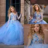 Nouvelles robes de filles Blue Princess Flowers pour le mariage Appliques à manches longues Perles de lace