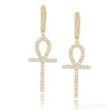 Boucles d'oreilles croix Ankh en Zircon glacé, couleur or argent, Micro pavé, pierre CZ scintillante, bijoux Hip Hop pour hommes et femmes