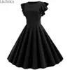 Solide noir femmes robes d'été Vintage 50 60 s Rockabilly Pinup fête Vestidos pétale manches robe de bureau genou-longueur 2020