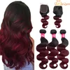 Ombre Body Wave Hair met Sluiting Bourgondië Peruviaans Haar Weave Bundels met Sluiting 1B / 99J Ombre Menselijk Haar 3 Bundels met Sluiting