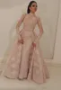 2020 High Neck Mermaid Prom Klänningar Med Avtagbar Tåg Blush Rosa Full Lace Appliqued Illusion Bodice Lång Smeevs Formella kvällsklänningar