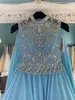 2023 Sheer Blue Chiffon Pageant -jurken voor tieners met wrap bling -strass lange jurken voor kleine meisjes rits terug formeel feest Rosie BC4207 GB1025XZ2