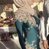 イスラム教徒の人魚のイブニングドレスダークグリーンゴールレースアップリケ長袖のウエディングドレスビーズの女性正社のガウンカスタムメイド
