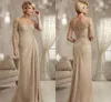 Champagne Mother of The Bride Dresses Plus Size 2023 Chiffon Half Sleeves Groom Godmother Evening Dress For Wedding New Beaded Lace
