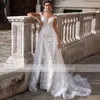 Fascinating Floral Lace Berta Wedding Dresses V Open Back Bridal Dress Detachable Train Bateau Applique Boho Party Wedding Gowns Beach