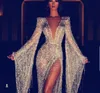 Evening dress Yousef aljasmi Larourjoisie Fuffy sleeve Silver Bling Free Shipping V-Neck Long sleeve Lace Split Long dress V-Neck Mermaid