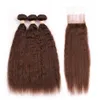 Médio Marrom Malaio Grosso Yaki Cabelo Humano 3 Pacotes com Fechamento # 4 Castanho Chocolate Kinky Em Linha Reta Cabelo tramas com Lace Top Encerramento 4x4