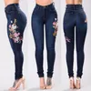 Fashion-3XL Womens Denim Floral Embroidery High Stretch Jeans Big Yard Light Dark Blue Leggings Pants High Waist Pants