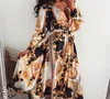 여성 파티 드레스 Boho 랩 여름 v-목 Lond 드레스 휴일 맥시 느슨한 Sundress 꽃 프린트 긴 소매 Elegante 드레스