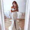 White Off Elegant The Shoulder Prom Dresses Satin Sweep Train Front Slit Plunging Mermaid 2019 Custom Made Evening Gown