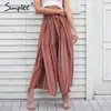 Simplee Split 스트라이프 레이디 넓은 다리 바지 여성 여름 해변 높은 허리 바지 Chic Streetwear Sash 캐주얼 바지 Capris 여성 Y190430