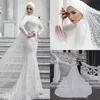 Vestidos de casamento muçulmano moderno sereia renda manga longa gola alta vestido de noiva árabe saudita com véus hijab feito sob encomenda vestidos281l